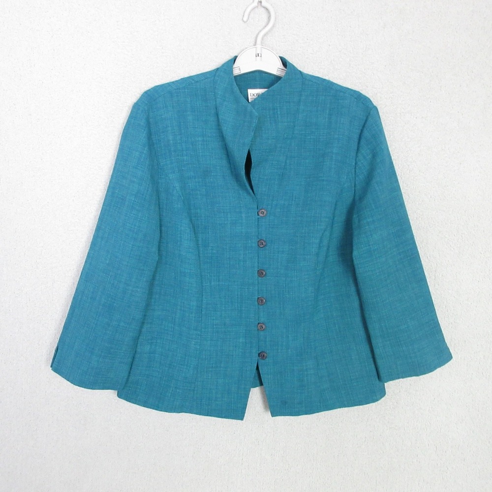 Dorby Blazer Jacket Womens 14 Teal Blue Textured 3/4 Sleeve Split Neck